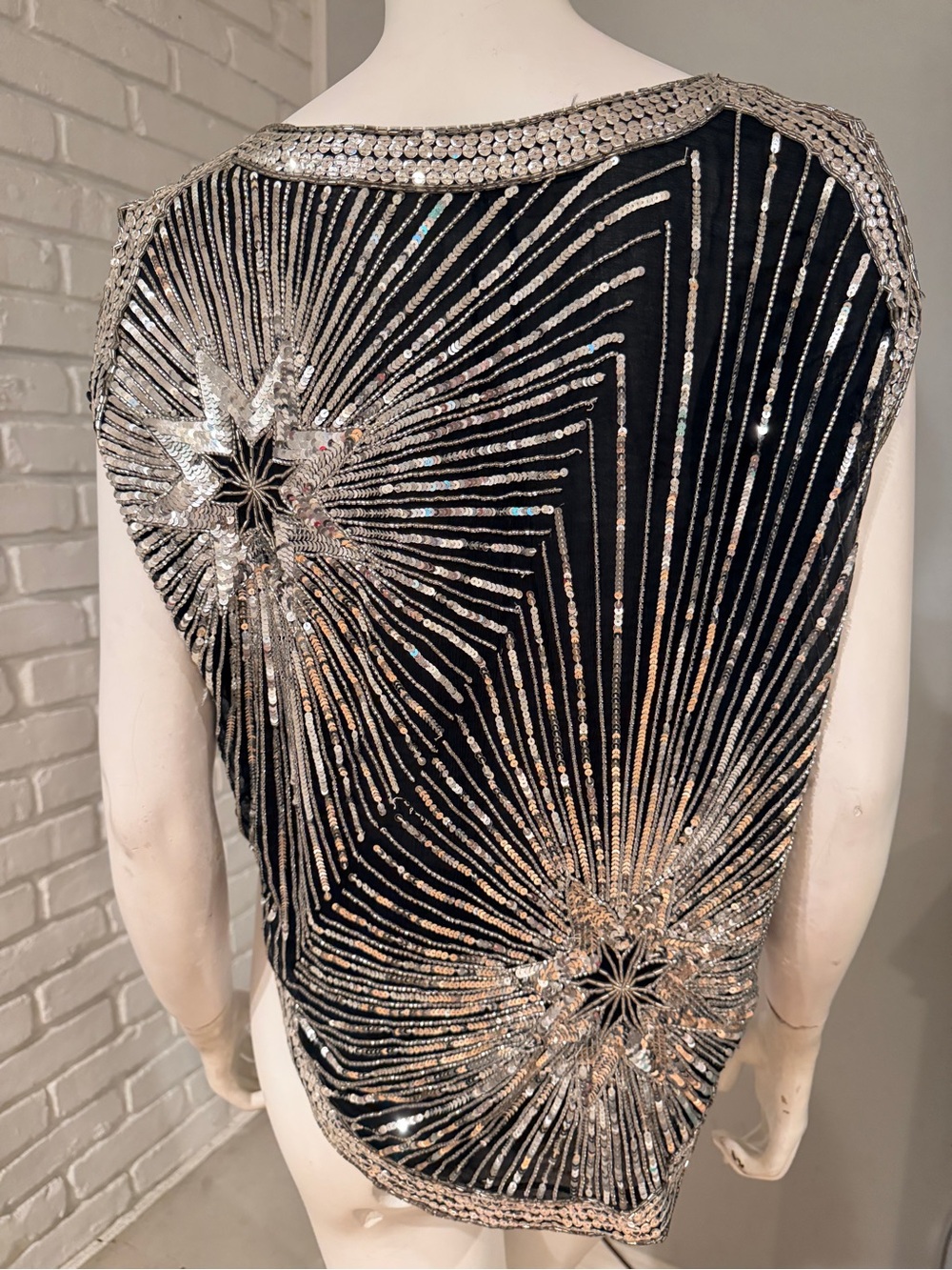 Frank Usher Art Deco Sequin Beaded Top Silver Sequin & Beads 100% Black Silk S - Picture 10 of 15